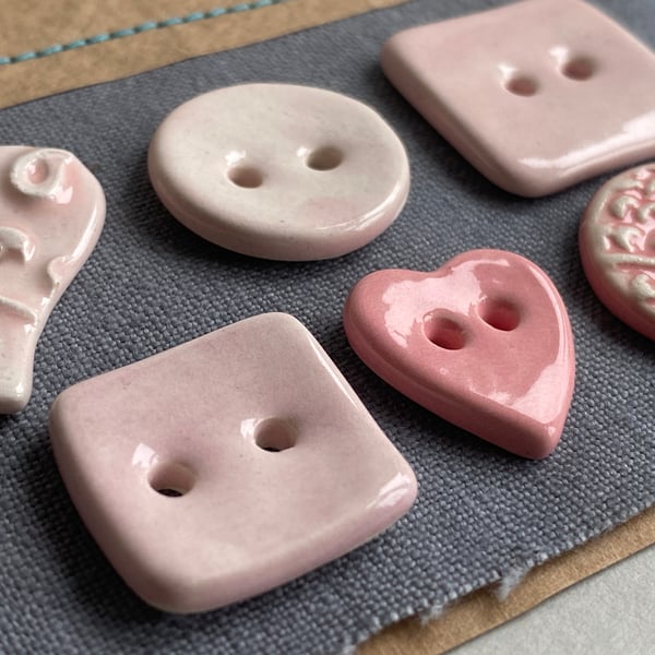 Buttons handmade Mixed set of Six ceramic pastel pink buttons