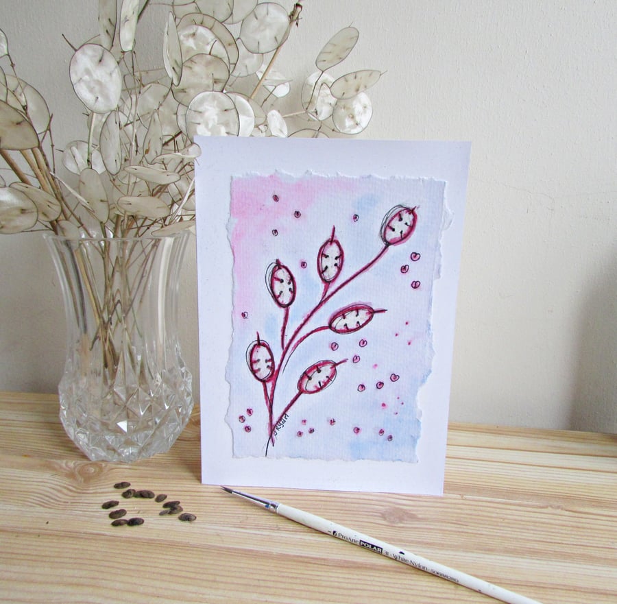 Watercolour painting of Honesty plant plus a packet of real seeds