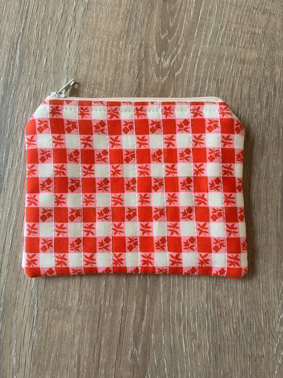 Gingham Floral Print Quilted Fabric Midi Purse 