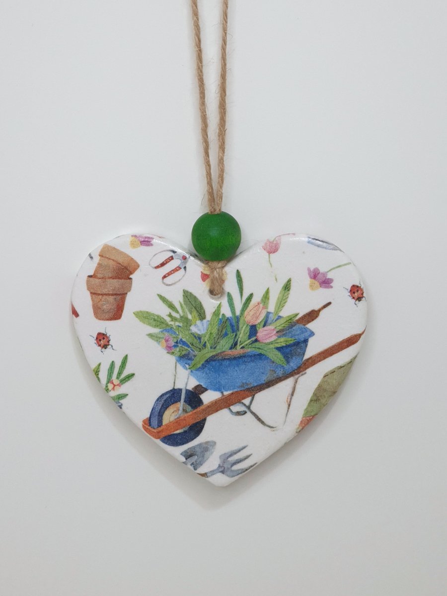 Gardening clay heart hanging decoration, gift for a gardener 