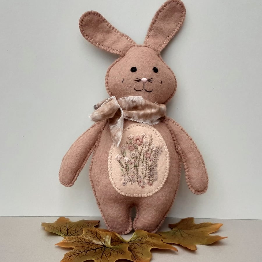 Woodland Bunny, handmade felt rabbit, embroidered stuffed rabbit 
