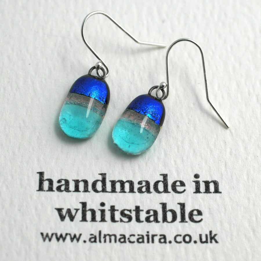 Sparkly Blue Dichroic Glass Drop Earrings