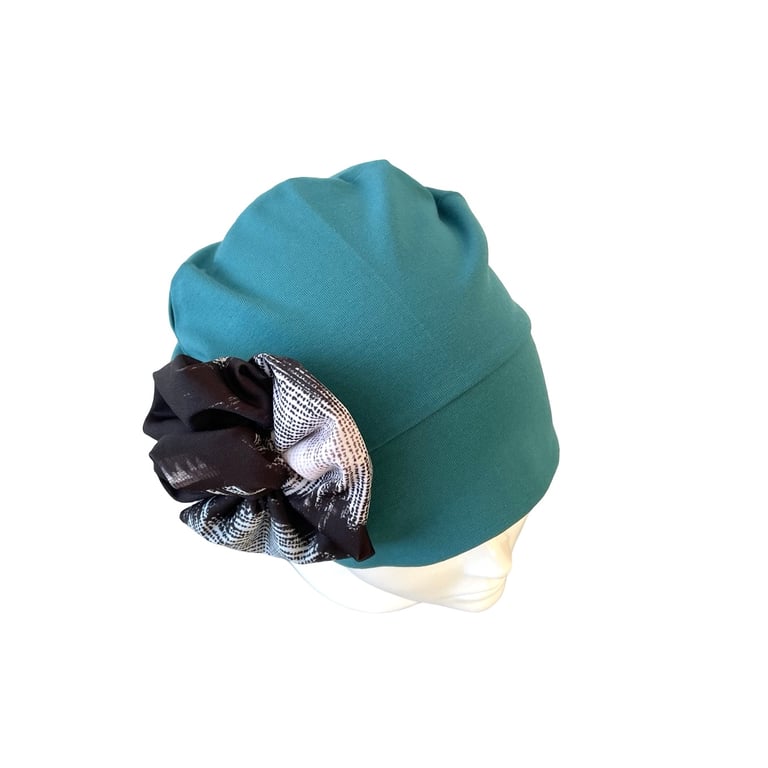 Teal blue cotton beanie hat for women with a fabric rose, Handmade hat hair loss