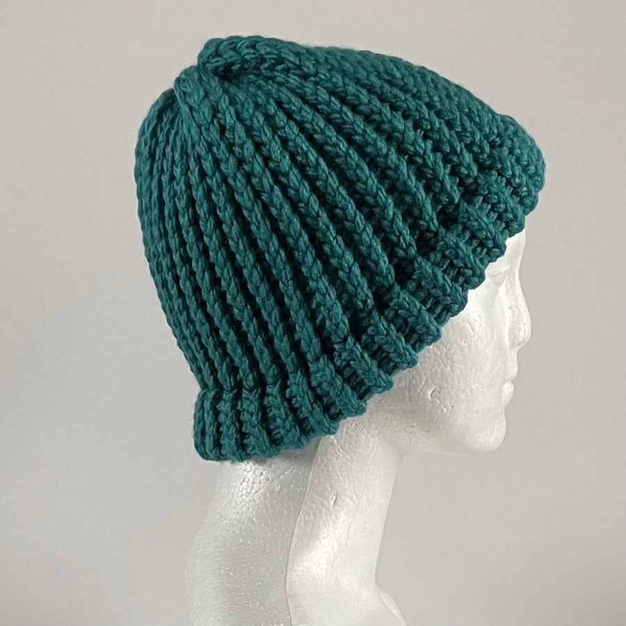 Knitted Teal Beanie with a Fixed Brim, perfectly imperfect
