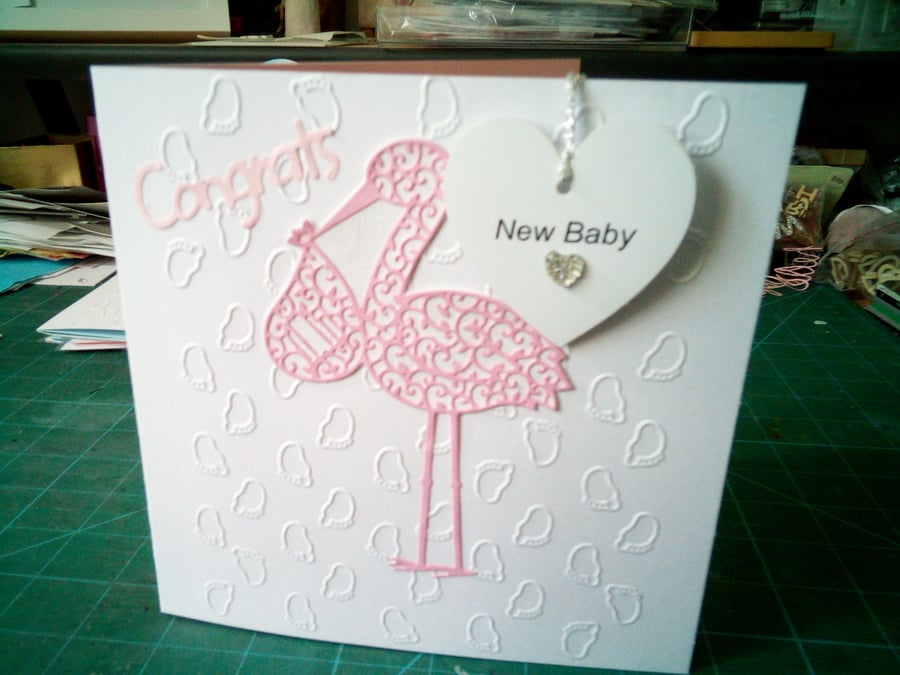 Pink stork new baby card