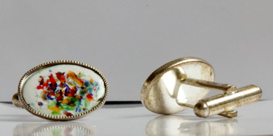 enamel cufflinks - oval: multicoloured chip on white