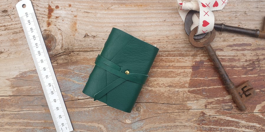 Handmade Leather Journal - Tiny Size 3 x 2 - Hand-Stitched - Green