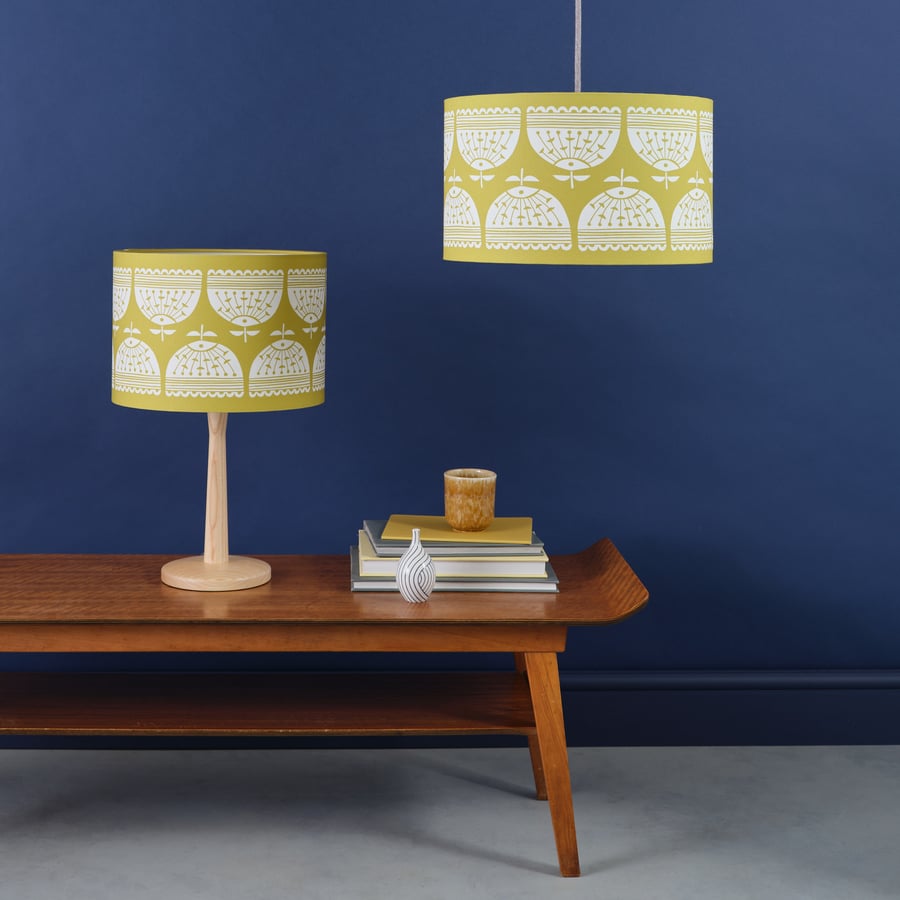 Handmade Olive Yellow Flower Print Lampshade 30cm & 40cm - British Made