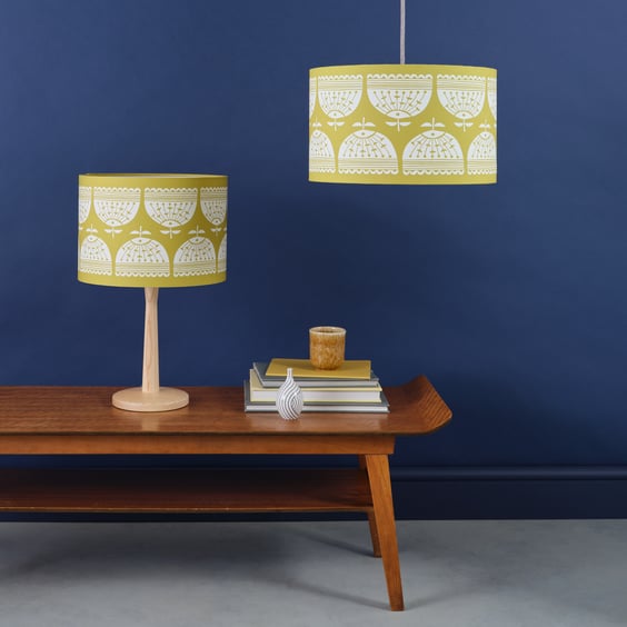 Handmade Olive Yellow Flower Print Lampshade 30cm & 40cm - British Made