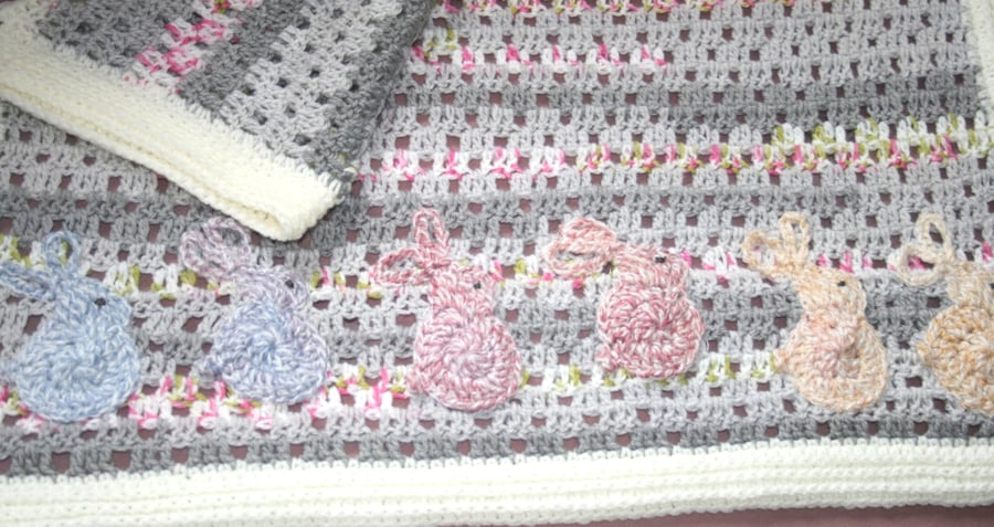 Vintage-Style Baby Blanket - Filet Crocheted Baby Blanket - Bunny Rabbit Blanket