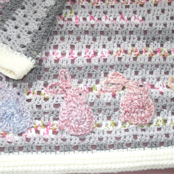 Vintage-Style Baby Blanket - Filet Crocheted Baby Blanket - Bunny Rabbit Blanket