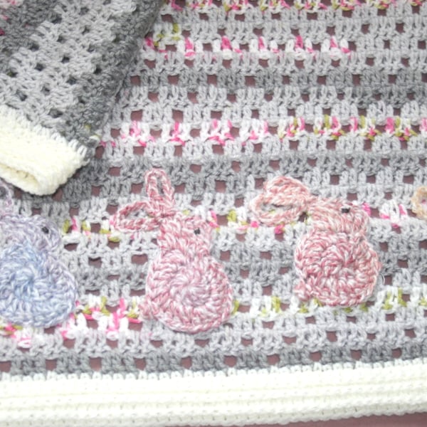 Vintage-Style Baby Blanket - Filet Crocheted Baby Blanket - Bunny Rabbit Blanket