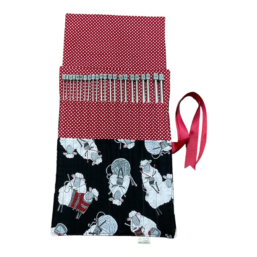 Full set of straight metal knitting needles in case with sheep print, 