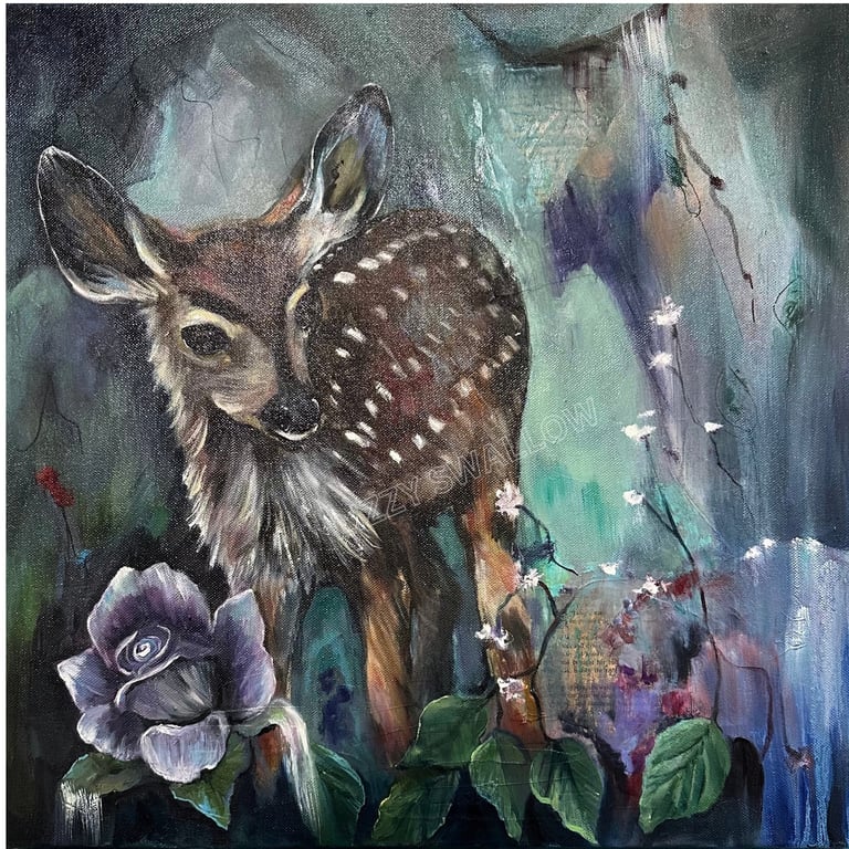 Whisper of the Woodland – Original Fawn Mixed-Media Painting