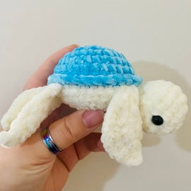 Crochet turtle amigurumi, blue and white, velvet yarn
