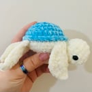 Crochet turtle amigurumi, blue and white, velvet yarn