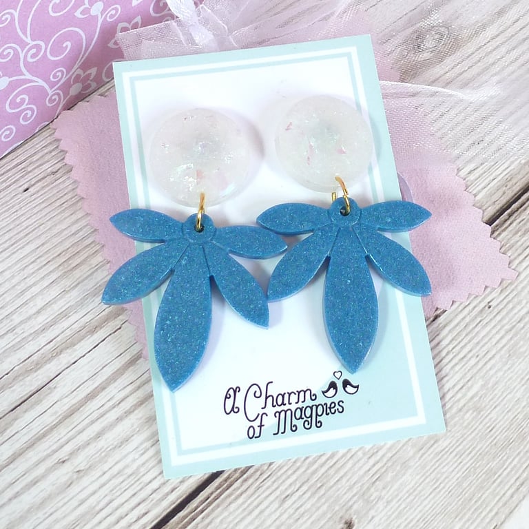 White and blue earrings, blue palm leaf resin earrings, fun and funky earrings 