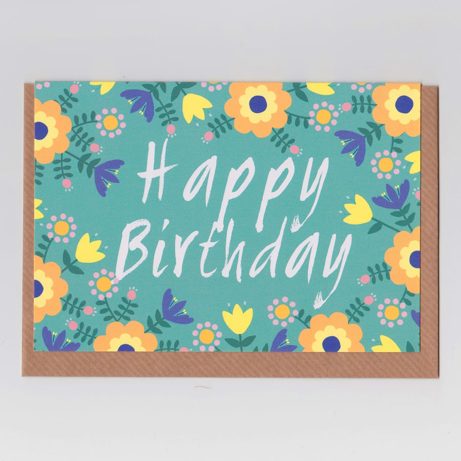 Happy Birthday Card - Folk Art Flowers Design
