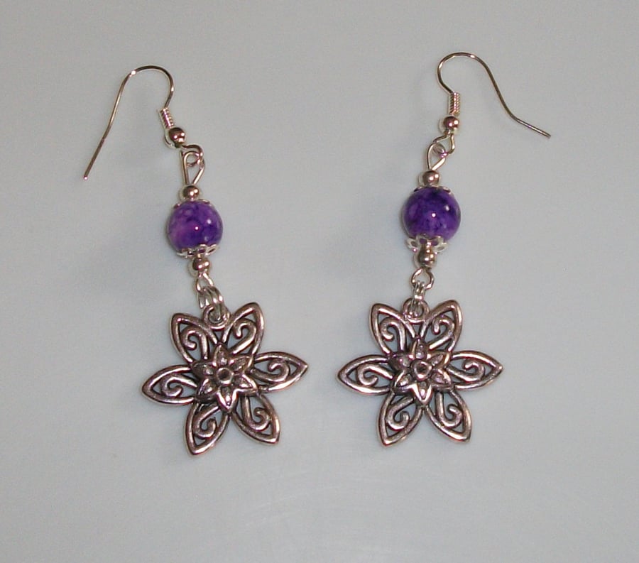 Flower charm earrings, purple