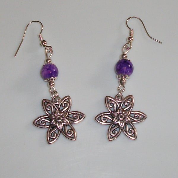 Flower charm earrings, purple