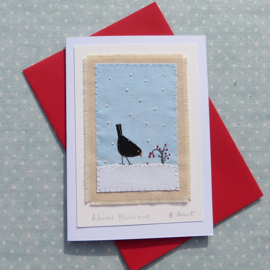 Hand-stitched miniature on card entitled 'Winter Blackbird' a card to keep!