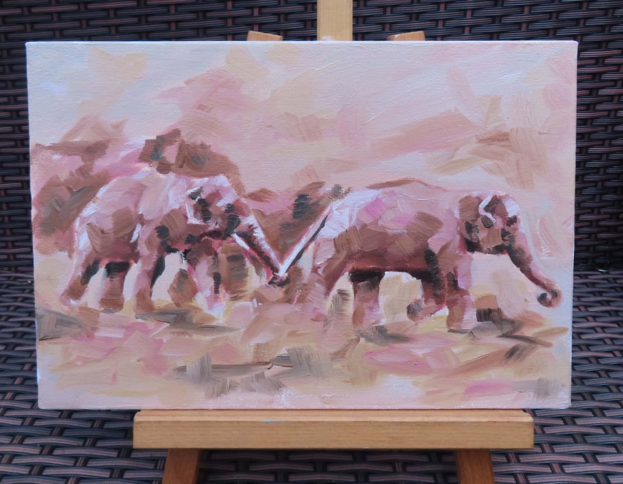 Elephants Run Art Original Oil Painting on Canvas OOAK Animal