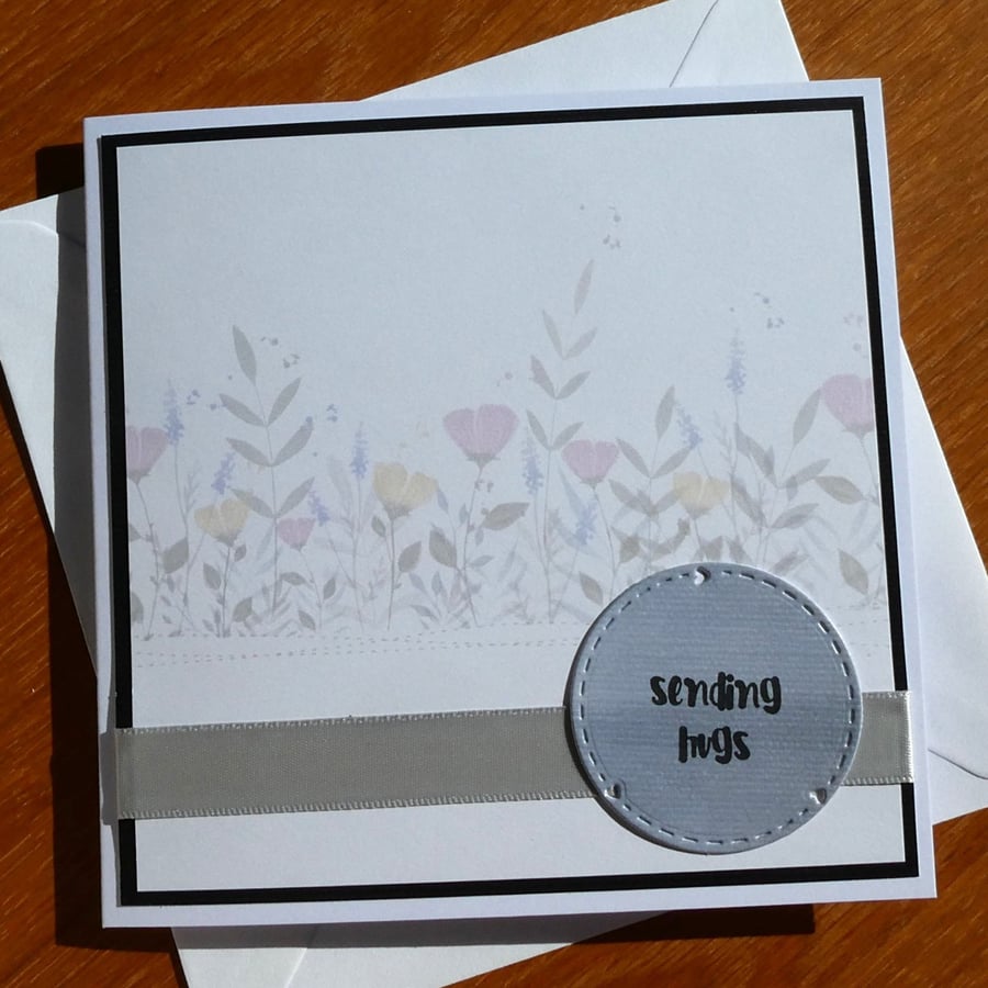 Sending Hugs Card - Pastel Floral on White Background