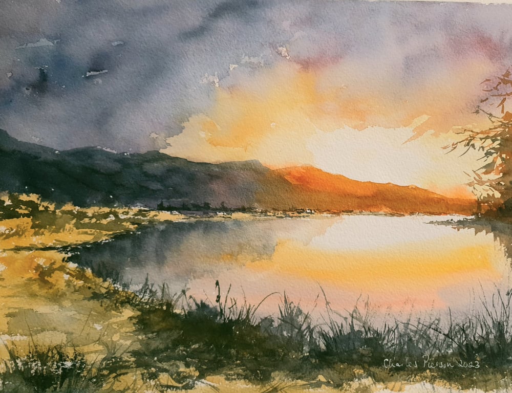 Original Watercolour Landscape .Sunrise over Lake . 15x11 inch Unframed