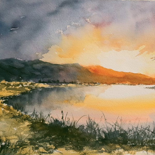 Original Watercolour Landscape .Sunrise over Lake . 15x11 inch Unframed