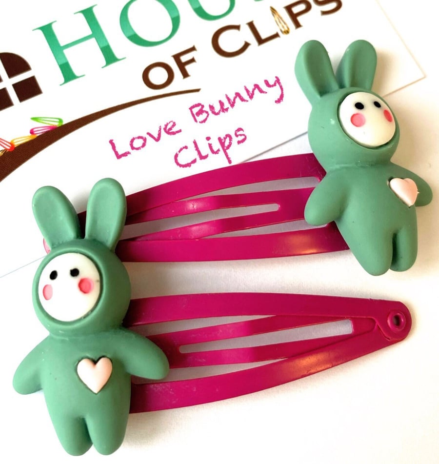 Love Bunny Hair Clips x2 - Valentine Hair Clips - Easter Bunny Hair Clips - Gift