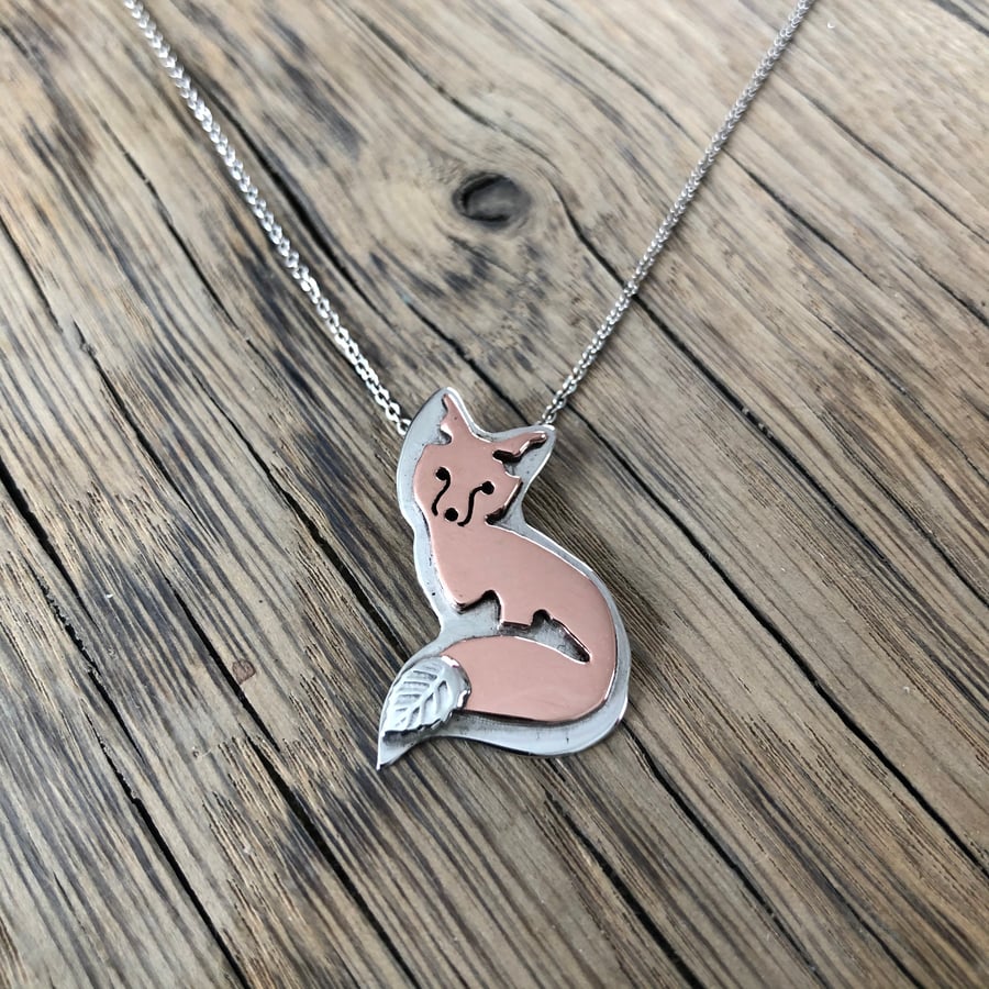 Sterling Silver and Copper Little Fox Pendant Necklace on 18" Chain