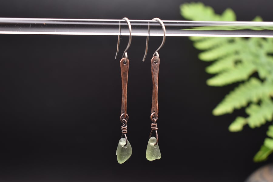 Scottish Sea Glass, Copper and Recycled Sterling Silver Drop Earrings