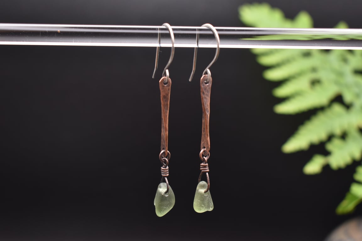 Scottish Sea Glass, Copper and Recycled Sterling Silver Drop Earrings