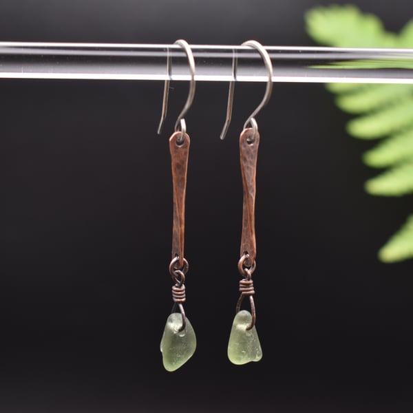 Scottish Sea Glass, Copper and Recycled Sterling Silver Drop Earrings