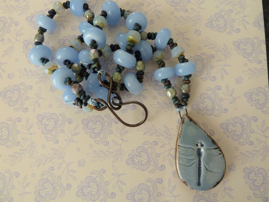 blue dragonfly lampwork, ceramic and copper necklace