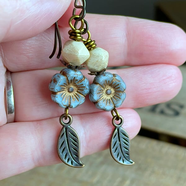 Blue Czech Glass Flower Earrings. Petite Floral Earrings. Copper Leaf Earrings