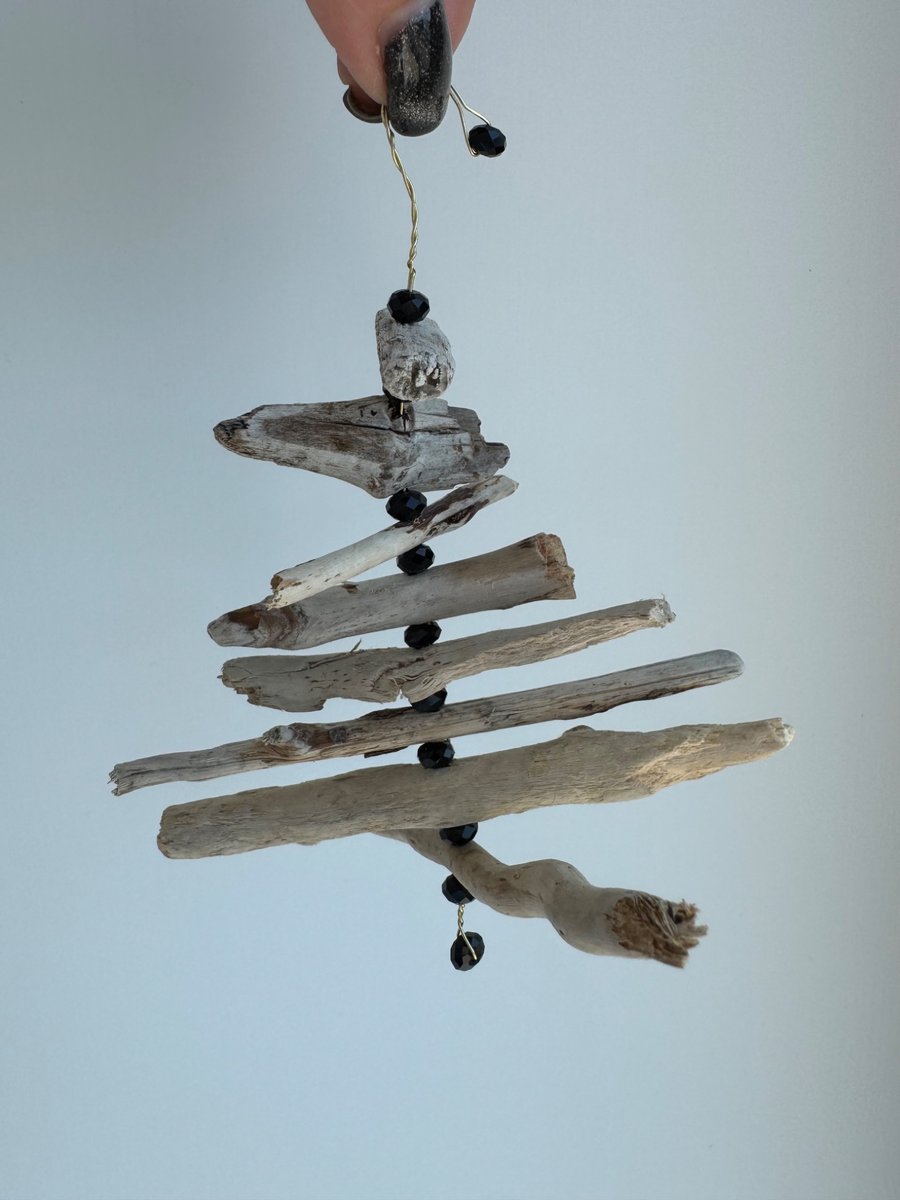 Driftwood Christmas Tree Decoration with Black Beads.
