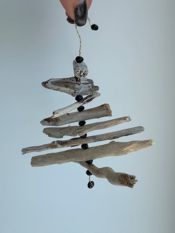 Driftwood Christmas Tree Decoration with Black Beads.