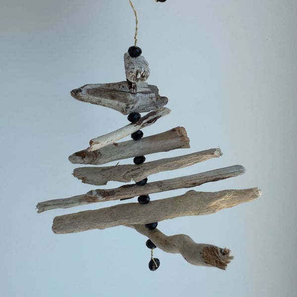Driftwood Christmas Tree Decoration with Black Beads.