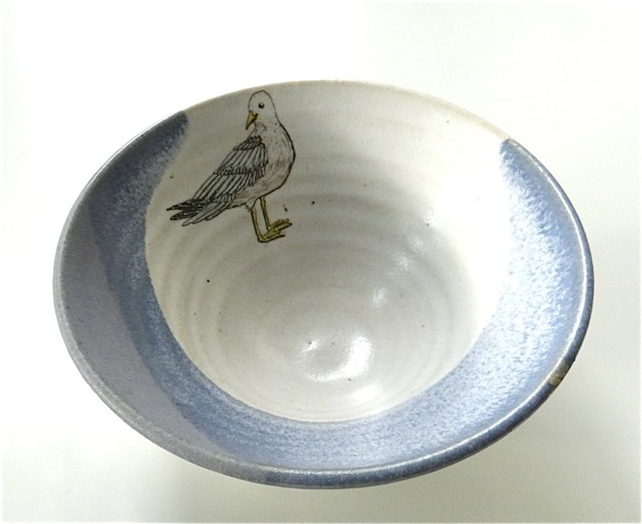 Stoneware ceramic bowl with yellow gull image - handmade pottery
