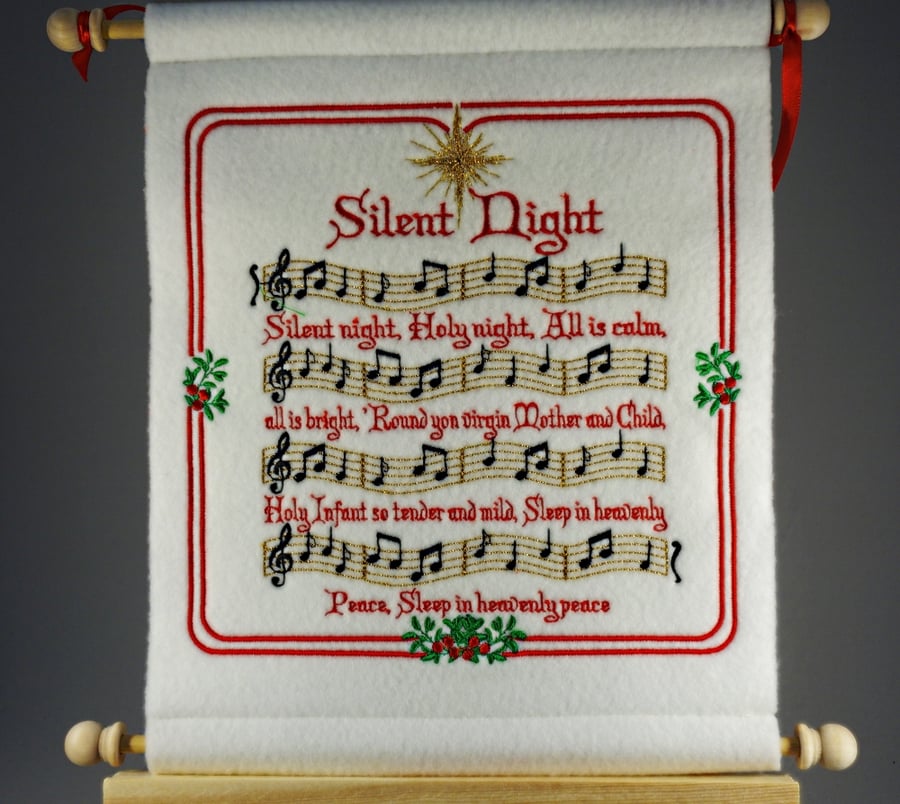 Silent Night.  Hand Crafted, Embroidered Christmas Carol Wall Hanger