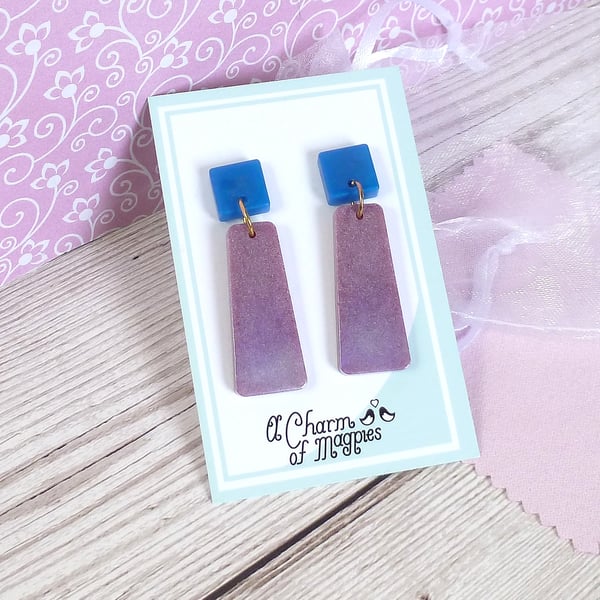 Lilac resin dangle earrings with blue studs, fun and colourful resin earrings