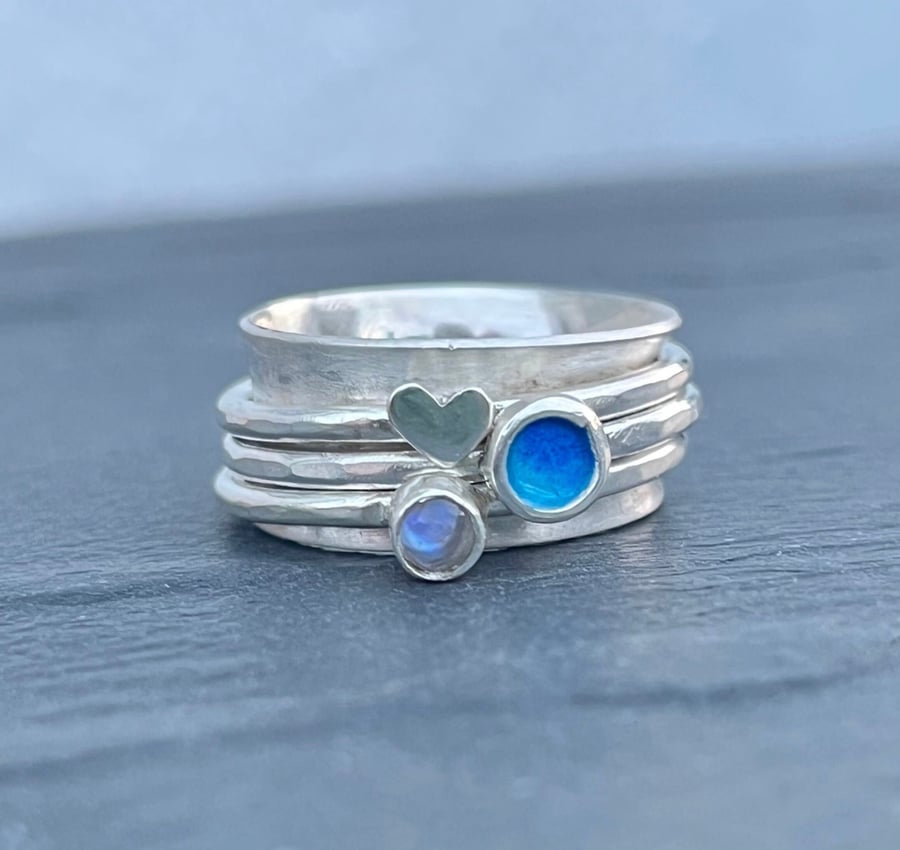 Silver Spinner Ring, fidget ring, moonstone ring, enamel ring, spinning ring,