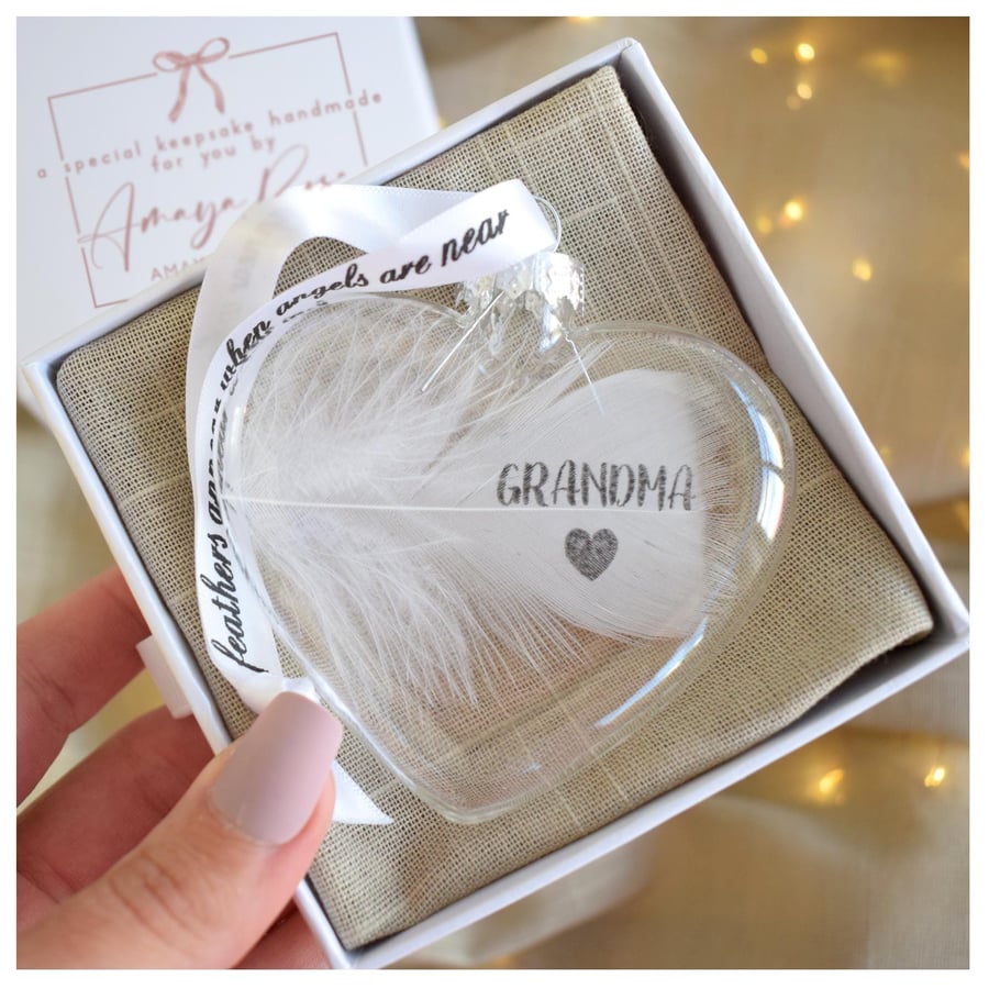 Image of Grandma Memorial Feather Bauble, In Memory of Grandma, Heart Glass Christmas Orn