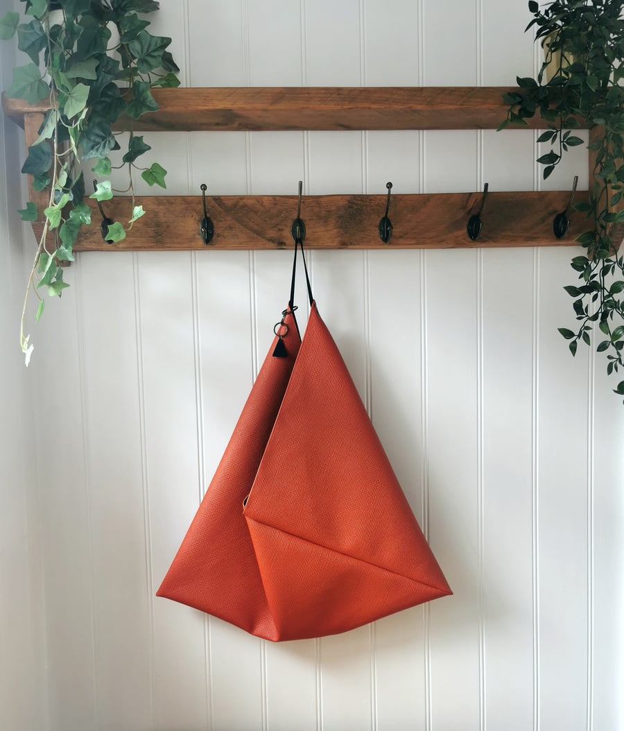 Dark Orange Vegan Leather Origami Bag with Faux Suede Straps and Charm