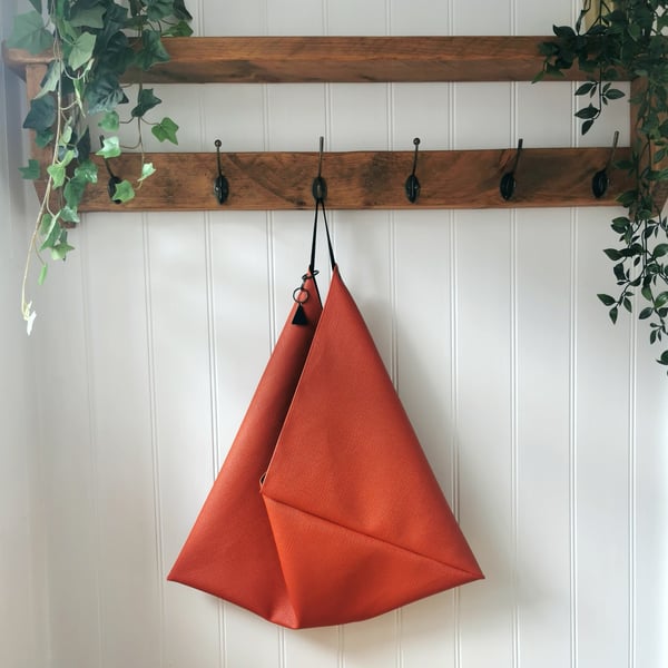 Dark Orange Vegan Leather Origami Bag with Faux Suede Straps and Charm