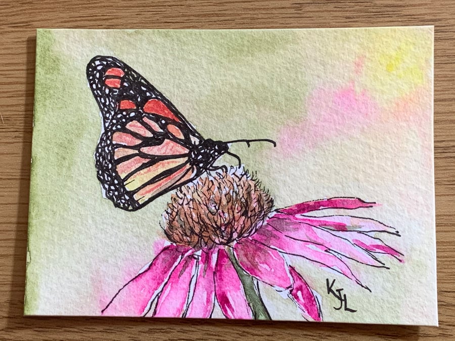 watercolour of a butterfly on an  echinacea flower - ACEO - free UK postage 