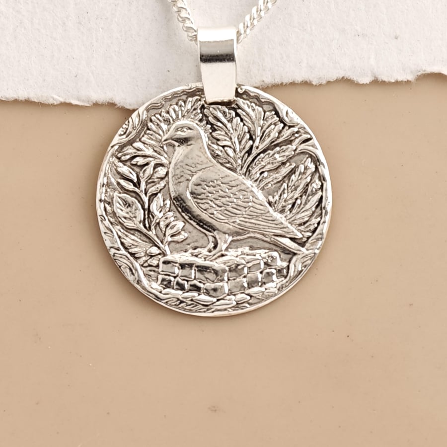 Sterling Silver Pigeon Coin Pendant Necklace Engraved Nature Jewellery Woodland 