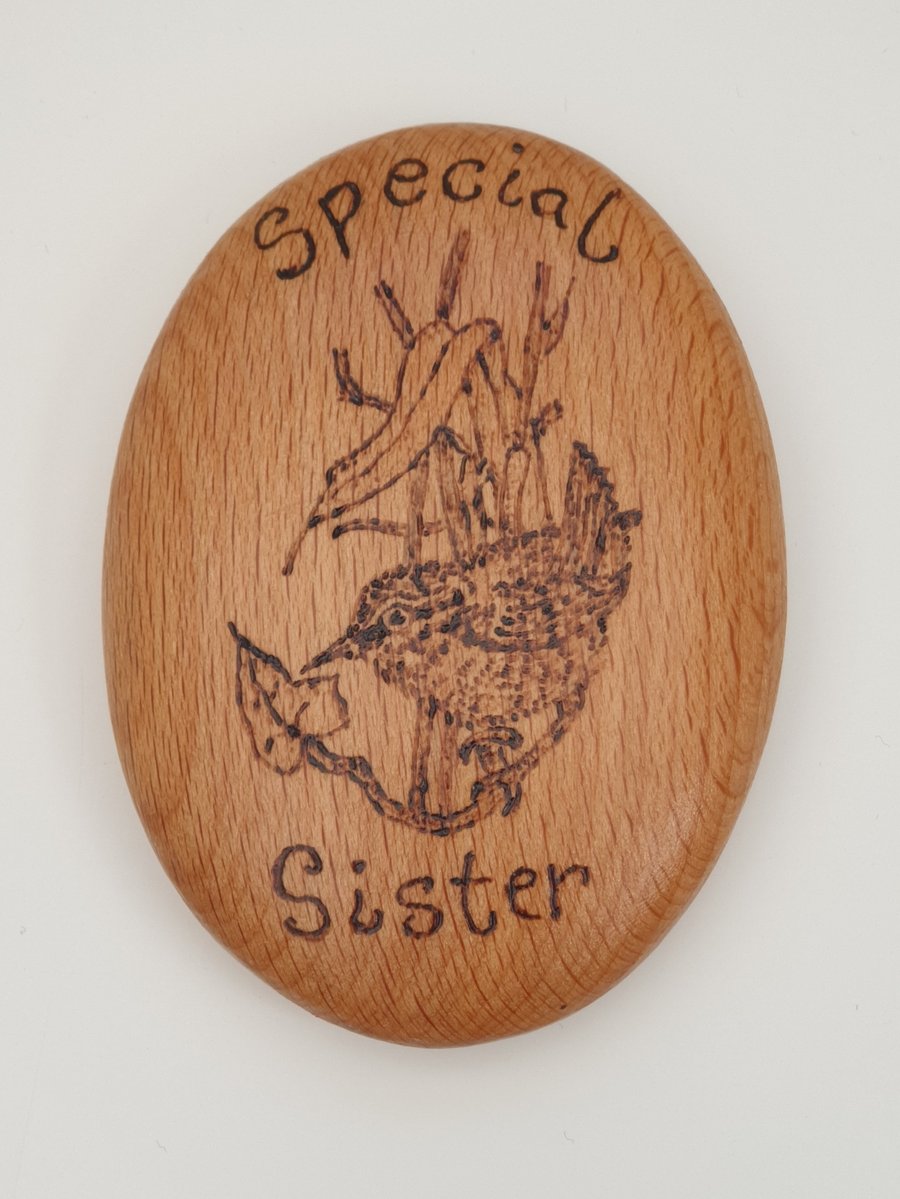 Sister wren pyrography decorated pebble gift