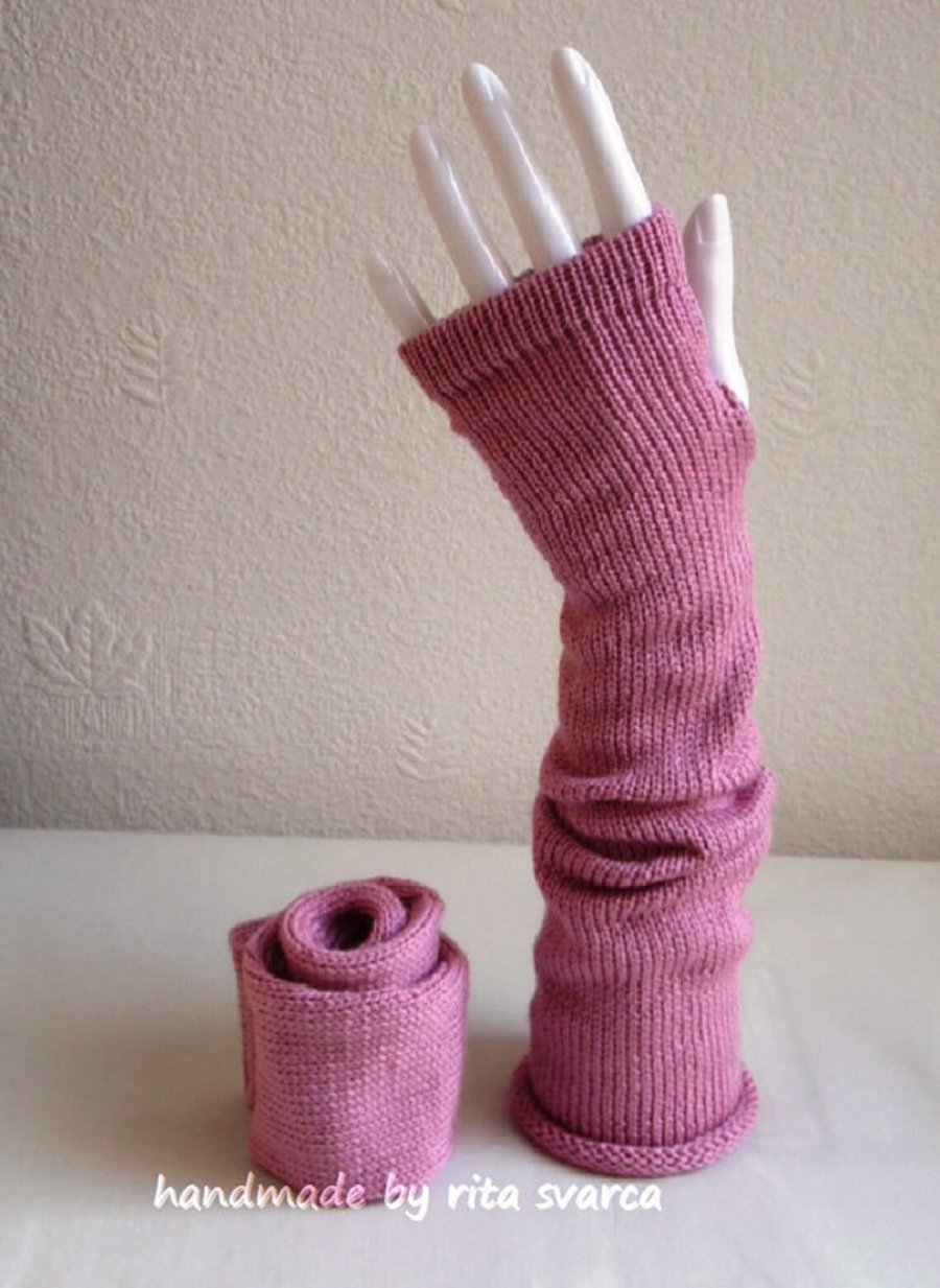 Handmade pale rose hand warmers, knitted fingerless gloves, arm warmers 